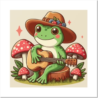 Cottagecore Aesthetic Frog Playing a Guitar Posters and Art